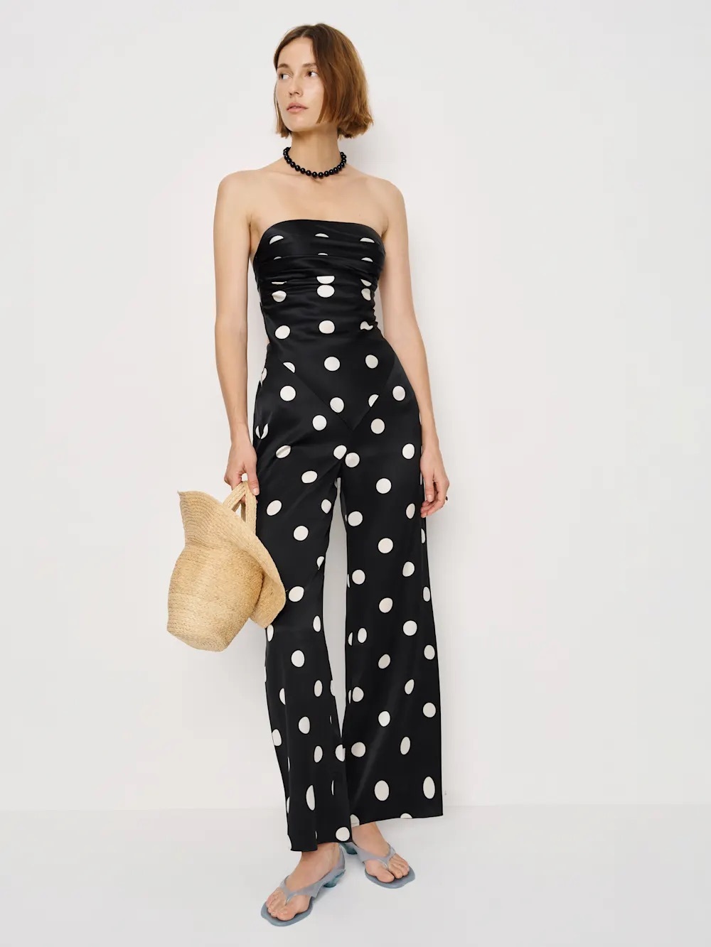 Reformation Black & White Polka Dot Strapless Jumpsuit